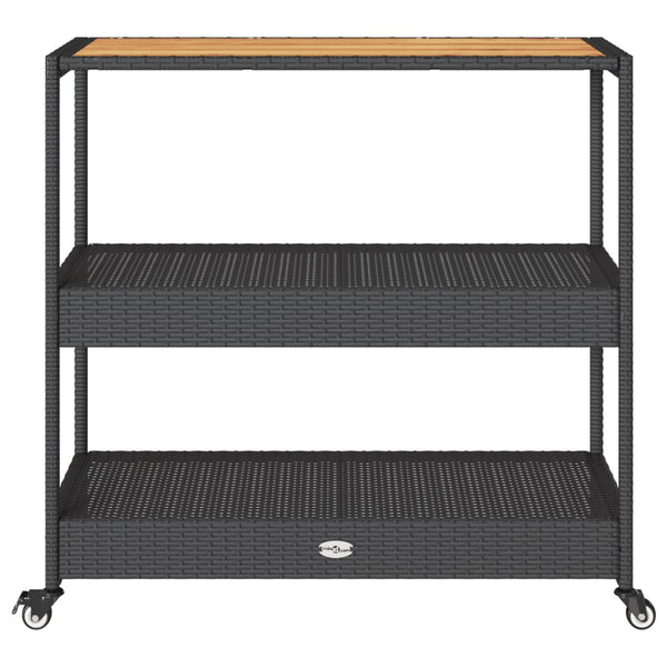 Schwarzer Servierwagen 3 Etagen Ionicu (Polyrattan und Akazienholz)