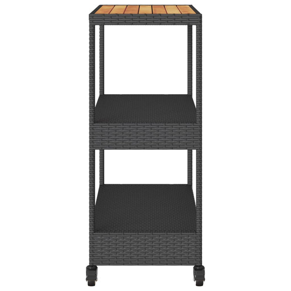 Schwarzer Servierwagen 3 Etagen Ionicu (Polyrattan und Akazienholz)