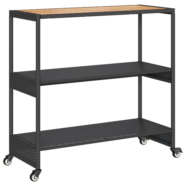 Schwarzer Servierwagen 3 Etagen Ionicu (Polyrattan und Akazienholz)