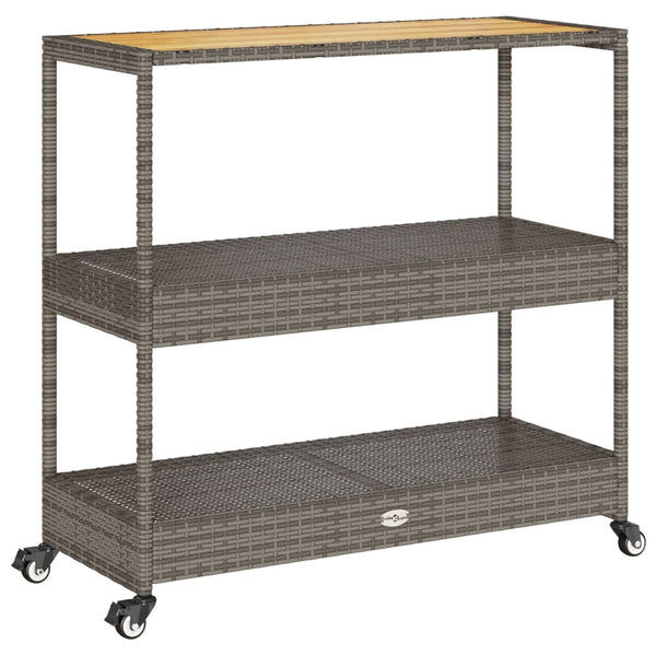 Grauer Servierwagen 3 Etagen Ionicu (Polyrattan und Akazienholz)