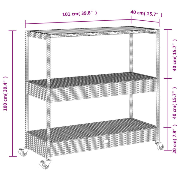 Grauer Servierwagen 3 Etagen Ionicu (Polyrattan und Akazienholz)