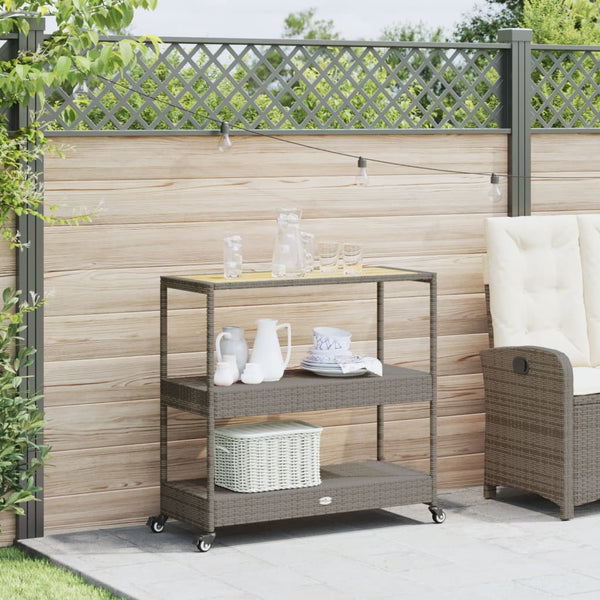 Grauer Servierwagen 3 Etagen Ionicu (Polyrattan und Akazienholz)