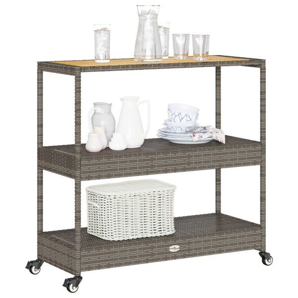 Grauer Servierwagen 3 Etagen Ionicu (Polyrattan und Akazienholz)
