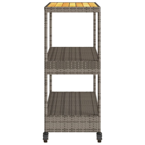 Grauer Servierwagen 3 Etagen Ionicu (Polyrattan und Akazienholz)
