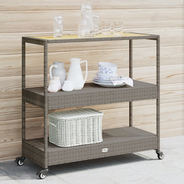 Grauer Servierwagen 3 Etagen Ionicu (Polyrattan und Akazienholz)