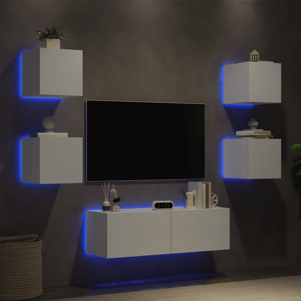 Wohnwand Nurghezda, weiß (5-teilig, mit LED-Beleuchtung)