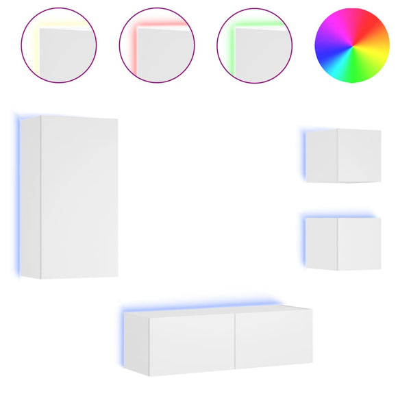 Weißes TV-Wandhängeschrank-Set Serfedin, 4-teilig (mit LED-Beleuchtung)
