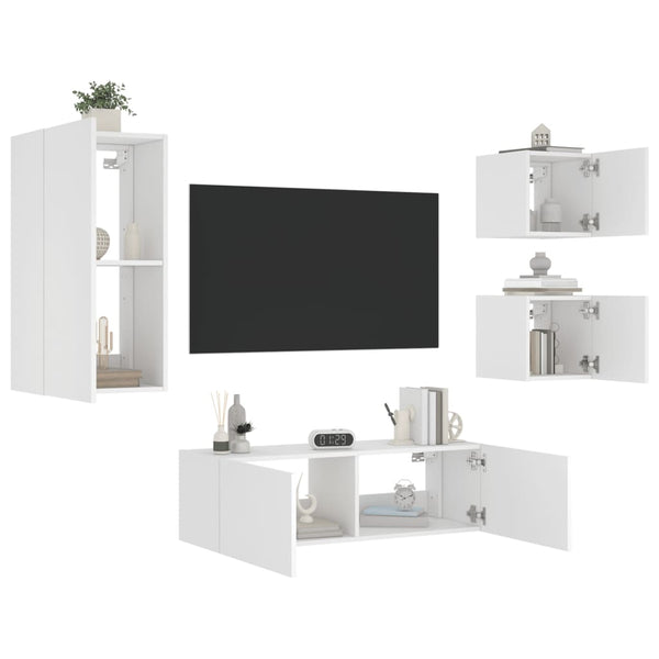 Weißes TV-Wandhängeschrank-Set Serfedin, 4-teilig (mit LED-Beleuchtung)