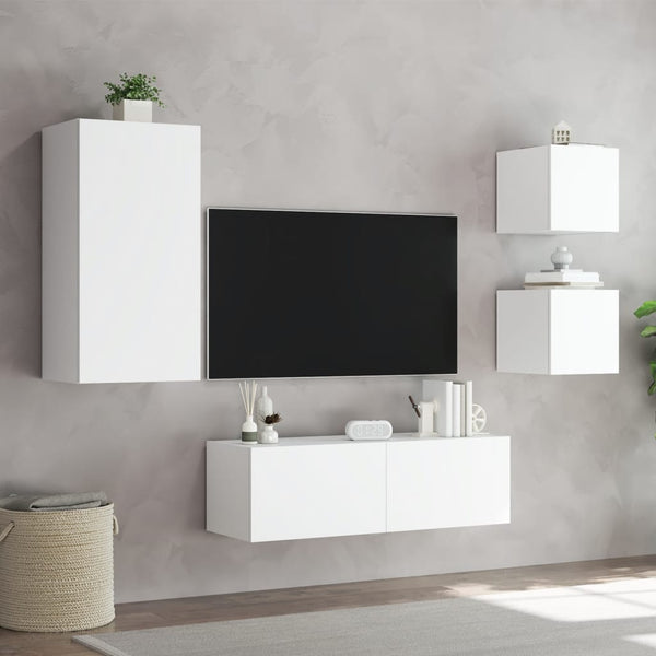 Weißes TV-Wandhängeschrank-Set Serfedin, 4-teilig (mit LED-Beleuchtung)