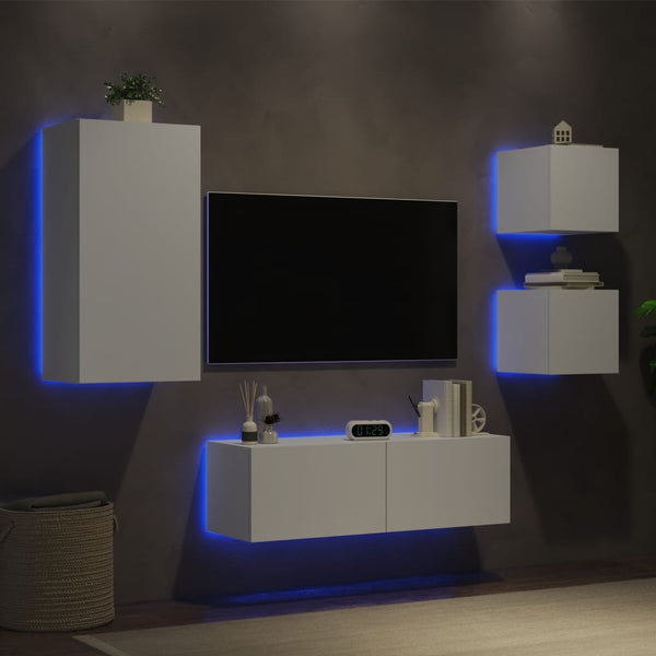 Weißes TV-Wandhängeschrank-Set Serfedin, 4-teilig (mit LED-Beleuchtung)