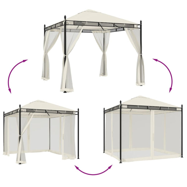Creme Gartenpavillon mit Netzwänden Calvianu 2,93x2,93 m (Stahl)