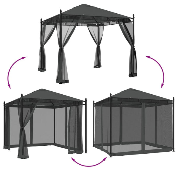 Anthrazit Pavillon mit Netzseitenwänden Calvianu 2,93x2,93 m (Stahl)