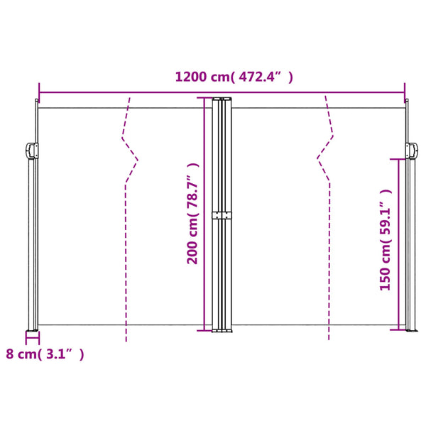 Ulmum 200x600cm sininen sisäänvedettävä sivumarkiisi