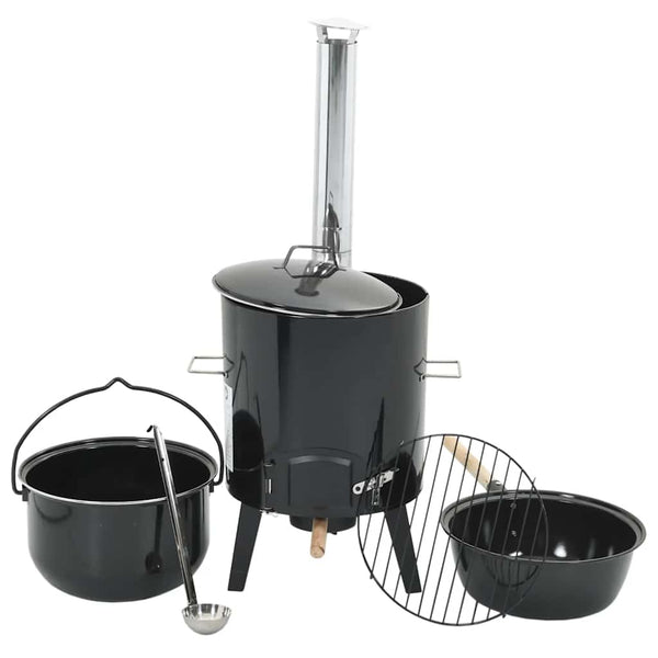 Schwarze Gulaschkanone mit Schornstein und Deckel Ricardo (emaillierter Stahl)