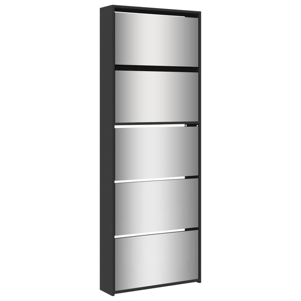 Schwarzer Schuhschrank mit Spiegel Calminica 63x17x169,5cm (5 Ebenen)
