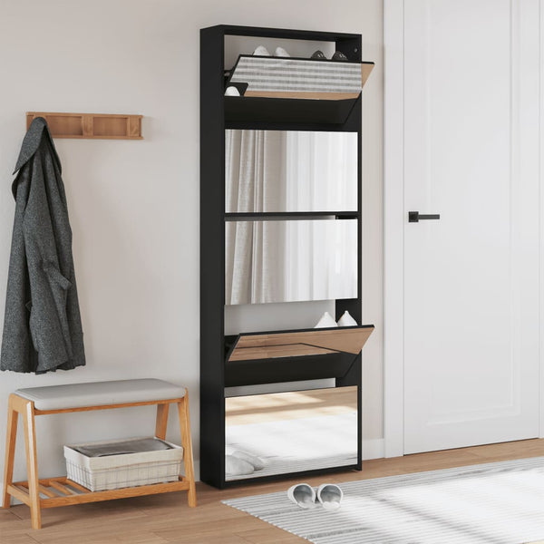 Schwarzer Schuhschrank mit Spiegel Calminica 63x17x169,5cm (5 Ebenen)