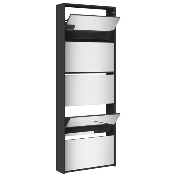 Schwarzer Schuhschrank mit Spiegel Calminica 63x17x169,5cm (5 Ebenen)