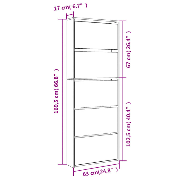Schwarzer Schuhschrank mit Spiegel Calminica 63x17x169,5cm (5 Ebenen)