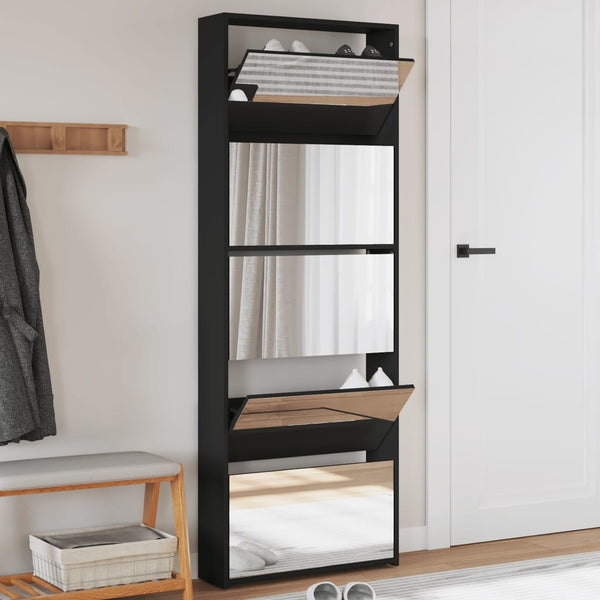 Schwarzer Schuhschrank mit Spiegel Calminica 63x17x169,5cm (5 Ebenen)