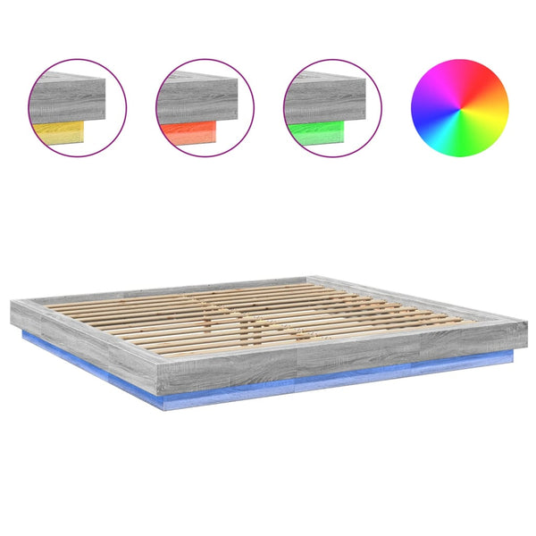 Graues Bettgestell Dmitru 180x200cm (mit LED-Beleuchtung, Sonoma, Holz)
