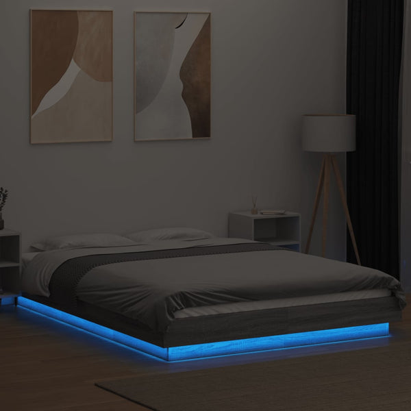Graues Bettgestell Dmitru 140x200cm (mit LED-Beleuchtung, Sonoma, Holz)