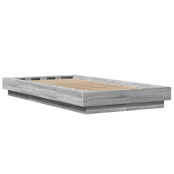 Graues Bettgestell Dmitru 100x200cm (mit LED-Beleuchtung, Sonoma, Holz)