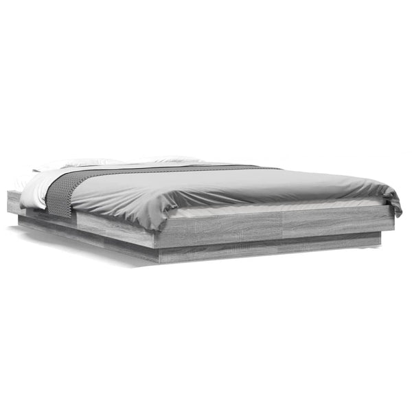 Graues Bettgestell Dmitru 135x190cm (mit LED-Beleuchtung, Sonoma, Holz)