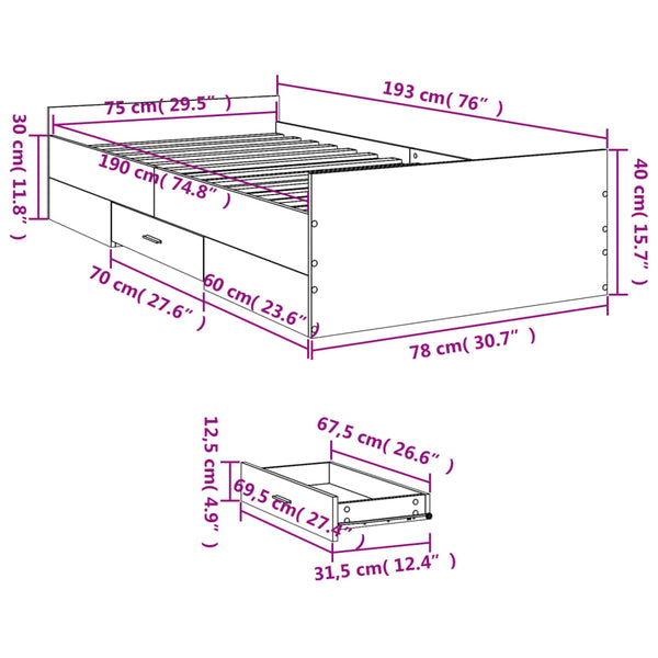 Bettrahmen Moning aus Räuchereiche mit Schubladen 75x190cm (Holz)