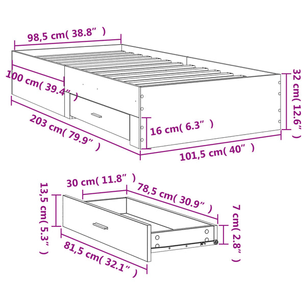Graues Bettgestell mit Schubladen Veligean 100x200cm (Holz)