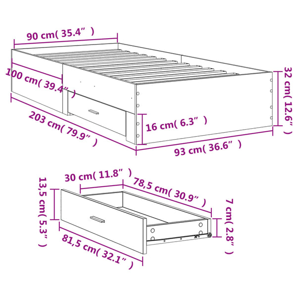 Graues Bettgestell mit Schubladen Veligean 90x200cm (Holz)