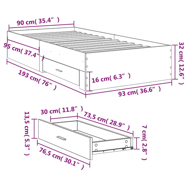 Graues Bettgestell mit Schubladen Veligea 90x190cm (Holz)