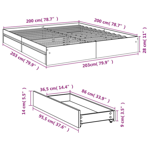 Musta sängynrunko laatikoilla Piada 200x200cm (puinen)