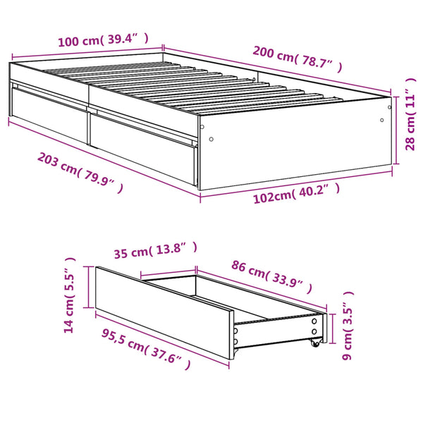 Graues Bettgestell mit Schubladen Piada 100x200cm (Holz)
