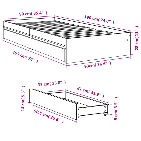 Schwarzes Bettgestell mit Schubladen Piada 90x190cm (Holz)