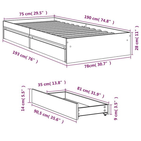 Schwarzer Bettrahmen mit Schubladen Piada 75x190cm (Holz)