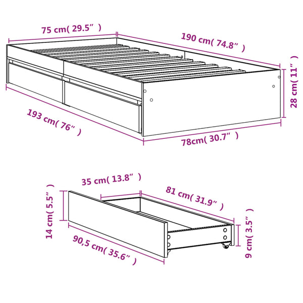 Bettrahmen grau mit Schubladen Piada 75x190cm (Holz)