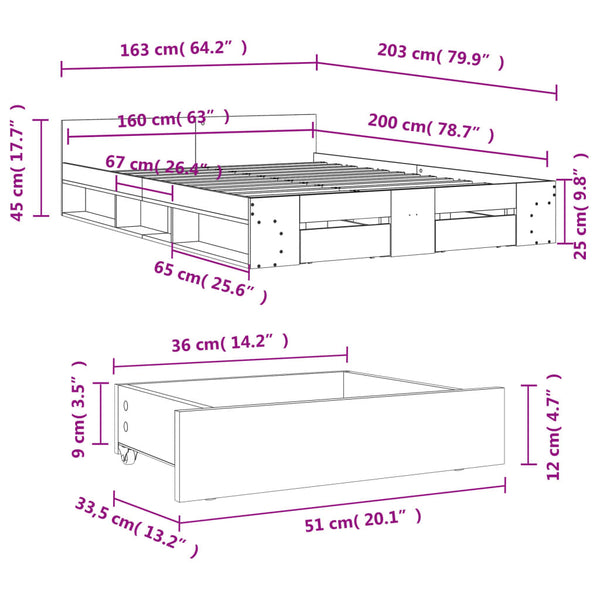 Räuchereiche Bettgestell mit Schubladen Calinoiu 160x200cm (Holz)