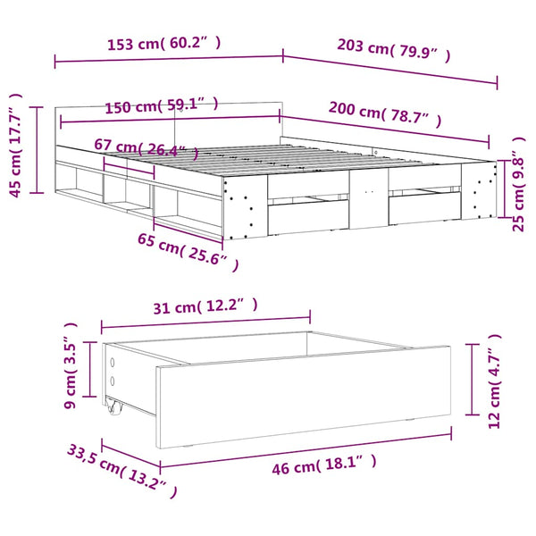 Graues Bettgestell mit Schubladen Calinoiu 150x200cm (Holz)