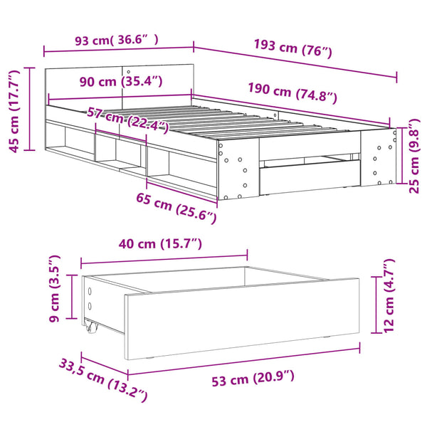 Betoninharmaa sängynrunko laatikolla Calinoiu 90x190cm (puinen)