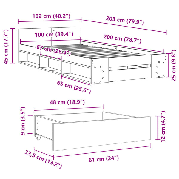 Musta sängynrunko laatikolla Calinoiu 100x200cm (puinen)