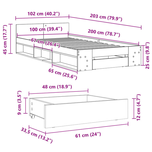 Betoninharmaa sängynrunko laatikolla Calinoiu 100x200cm (puinen)