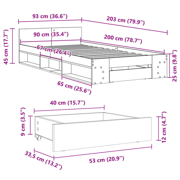 Harmaa sängynrunko laatikolla Calinoiu 90x200cm (puinen)