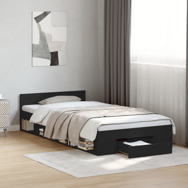 Schwarzes Bettgestell mit Schublade Calinoiu 75x190cm (Holz)