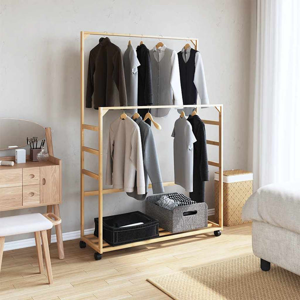 Kleiderständer mit Regalen und Rollen Ovila 90x35x155cm (Bambus)