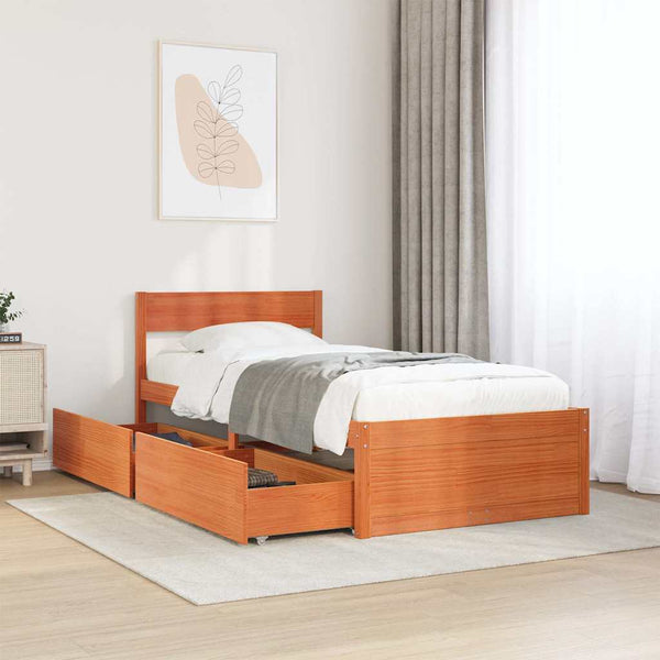 Braun-beige Bettrahmen mit Schubladen Rizetta 90x200cm (Kiefer)