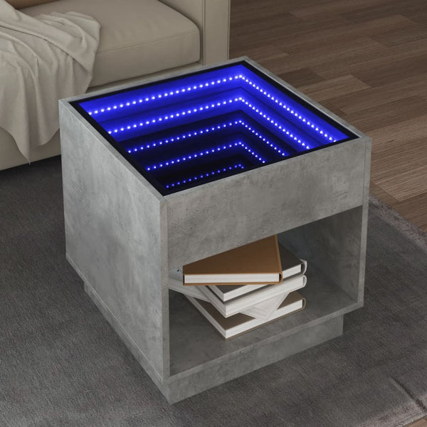 Betongrauer Couchtisch mit Infinity-LED-Beleuchtung Zanofa 50x50x50cm