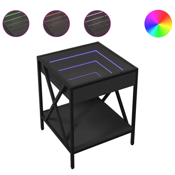 Schwarzer Couchtisch Theophanous mit Unendlichkeits-LED-Beleuchtung 40x40x49cm