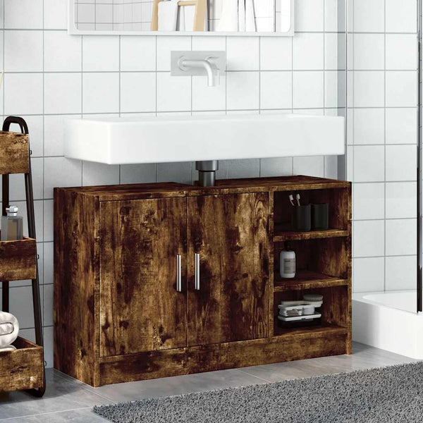 Waschtischunterschrank Turgay 90x29x55cm aus geräucherter Eiche (Holz)