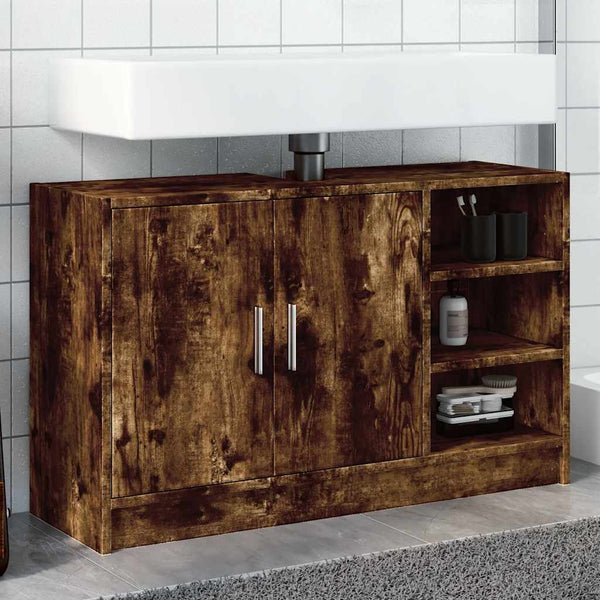 Waschtischunterschrank Turgay 90x29x55cm aus geräucherter Eiche (Holz)