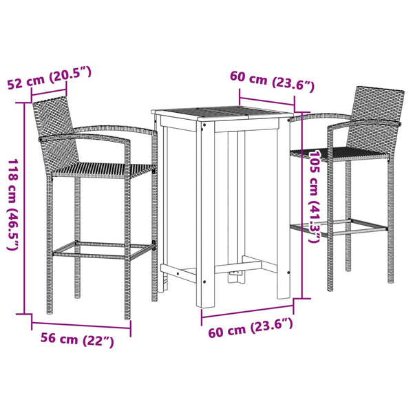 Graue Outdoor-Bar-Set Adelin 3-teilig (Akazienholz und Polyrattan)